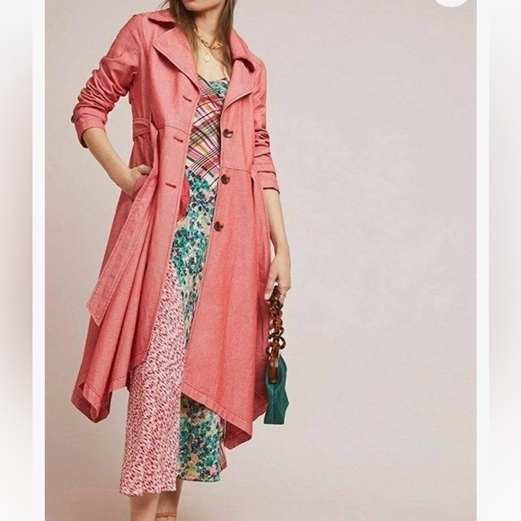 Anthropologie Elle Trench Coat Red Chambray Handkerchief Hem - Picture 1 of 7